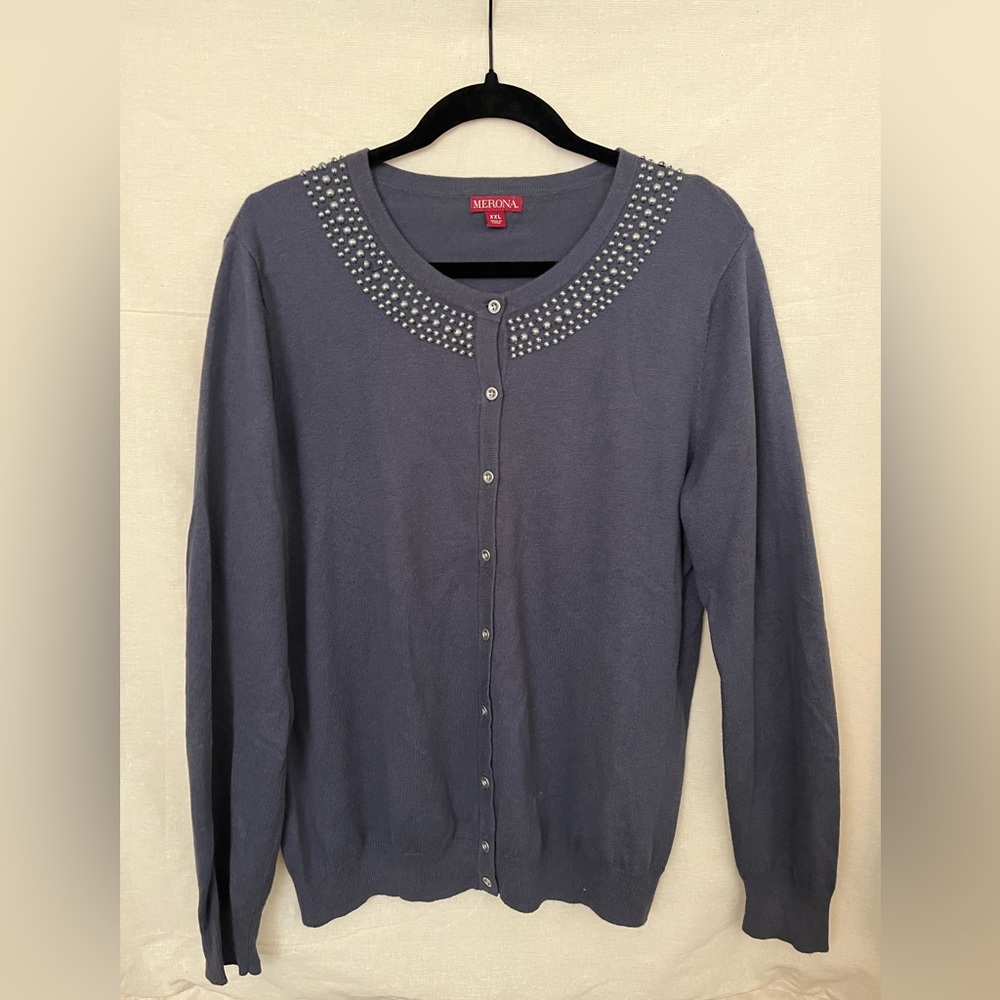 Merona Beaded Cardigan - muted blueish gray with gray beads - size XXL